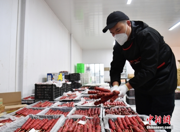 1月18日,雄安新区大树刘庄村辛爱青家中的冰糖葫芦加工厂,工人正在制作冰糖葫芦。作为远近闻名的“冰糖葫芦村”,大树刘庄村制作冰糖葫芦的历史已有100多年,全村三分之二的村民都会这门手艺,吸引不少游客慕名而来。 中新社记者 韩冰 摄 1月18日,雄安新区大树刘庄村辛爱青家中的冰糖葫芦加工厂,工人正在制作冰糖葫芦。作为远近闻名的“冰糖葫芦村”,大树刘庄村制作冰糖葫芦的历史已有100多年,全村三分之二的村民都会这门手艺,吸引不少游客慕名而来。 中新社记者 韩冰 摄