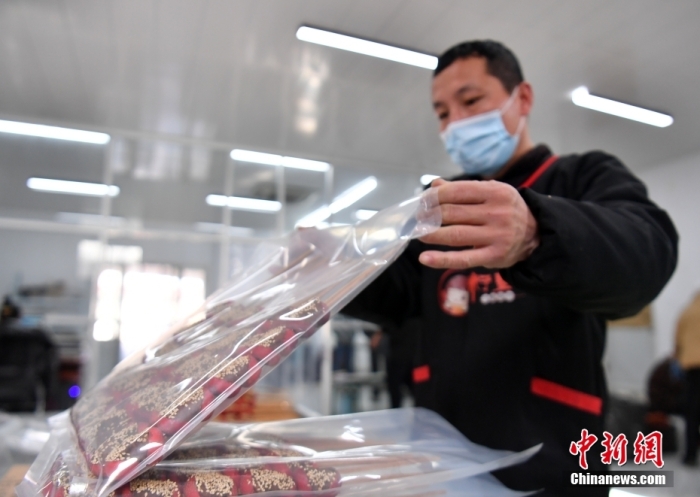 1月18日，雄安新区大树刘庄村辛爱青家中的冰糖葫芦加工厂，工人正对冰糖葫芦半成品进行真空塑封。作为远近闻名的“冰糖葫芦村”，大树刘庄村制作冰糖葫芦的历史已有100多年，全村三分之二的村民都会这门手艺，吸引不少游客慕名而来。 中新社记者 韩冰 摄